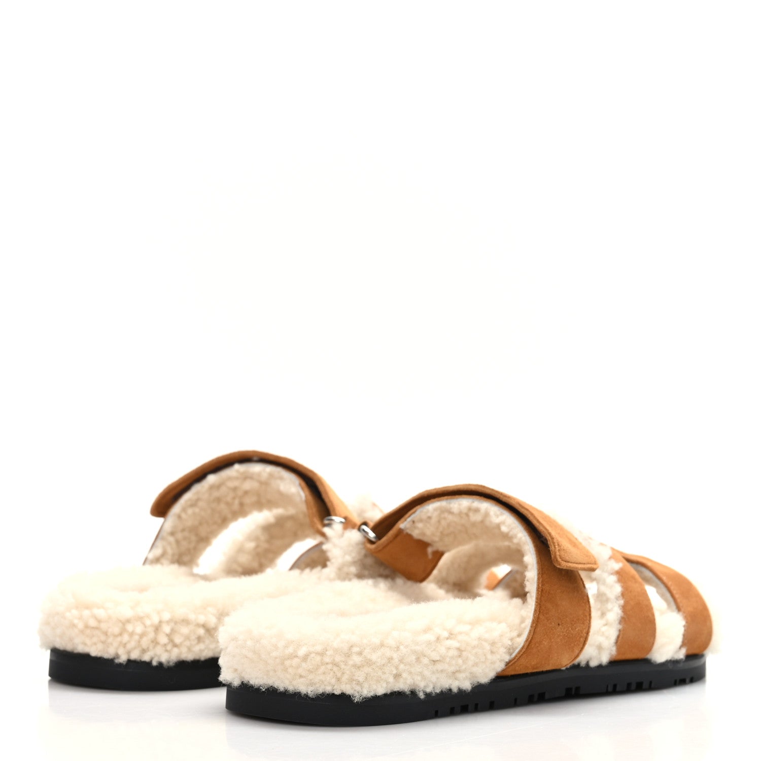 Hermes Suede Goatskin Woolskin Womens Chypre Sandals 37 Brun Fume Ecru 4 of 8