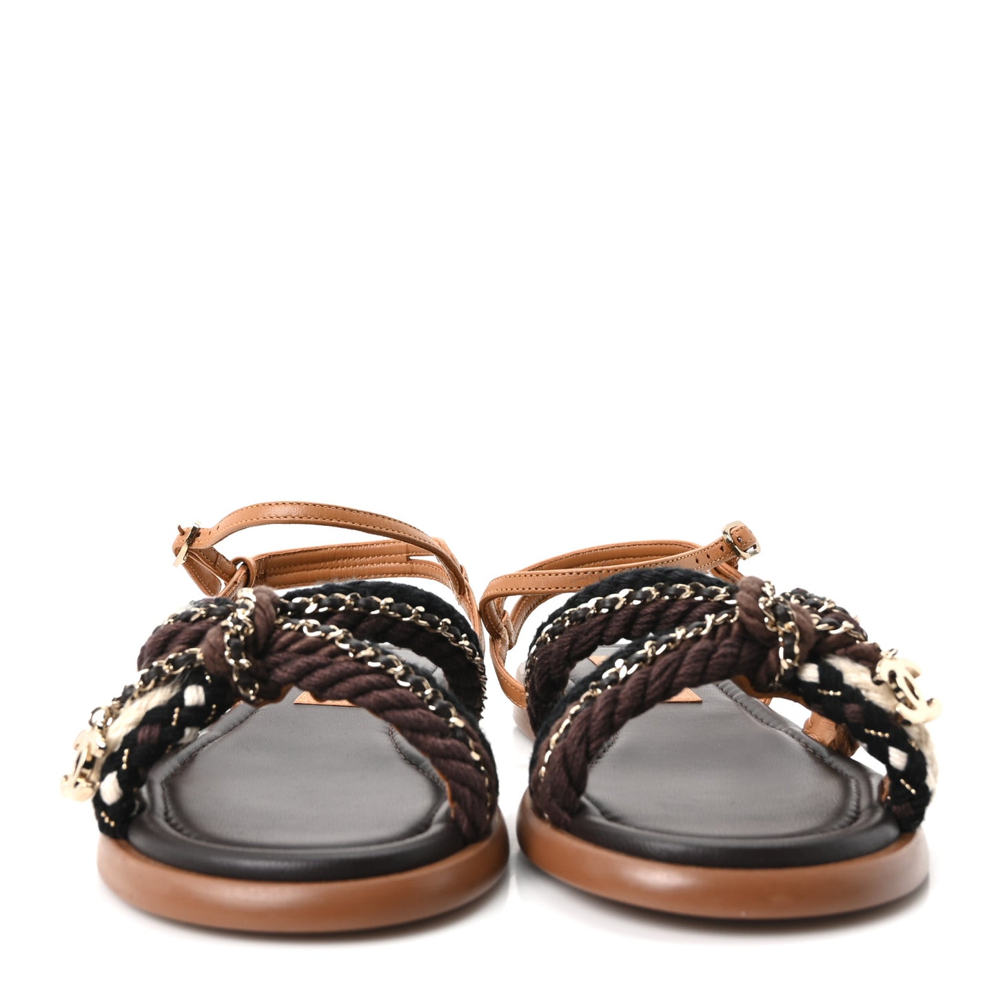 Lambskin Cord Chain CC Sandals 37 Brown Black Ivory