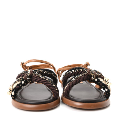 Chanel Lambskin Cord Chain CC Sandals 37 Brown Black Ivory 3 of 10