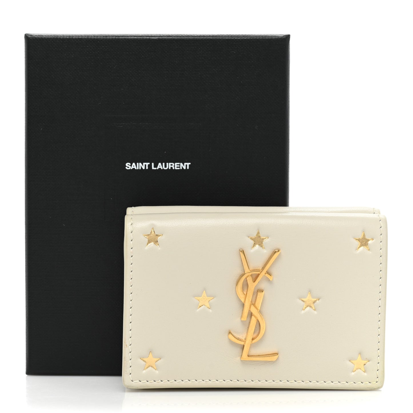 Calfskin Star Print Monogram Trifold Wallet White