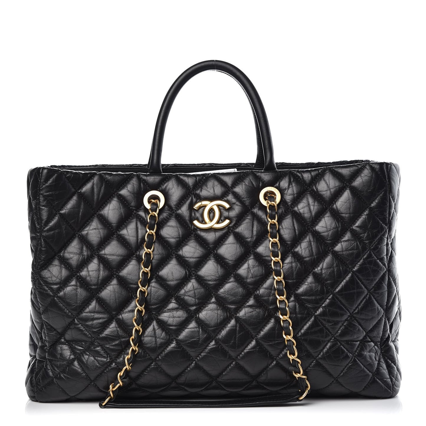 Aged Calfskin Quilted Large Coco Handle Shopping Tote Black