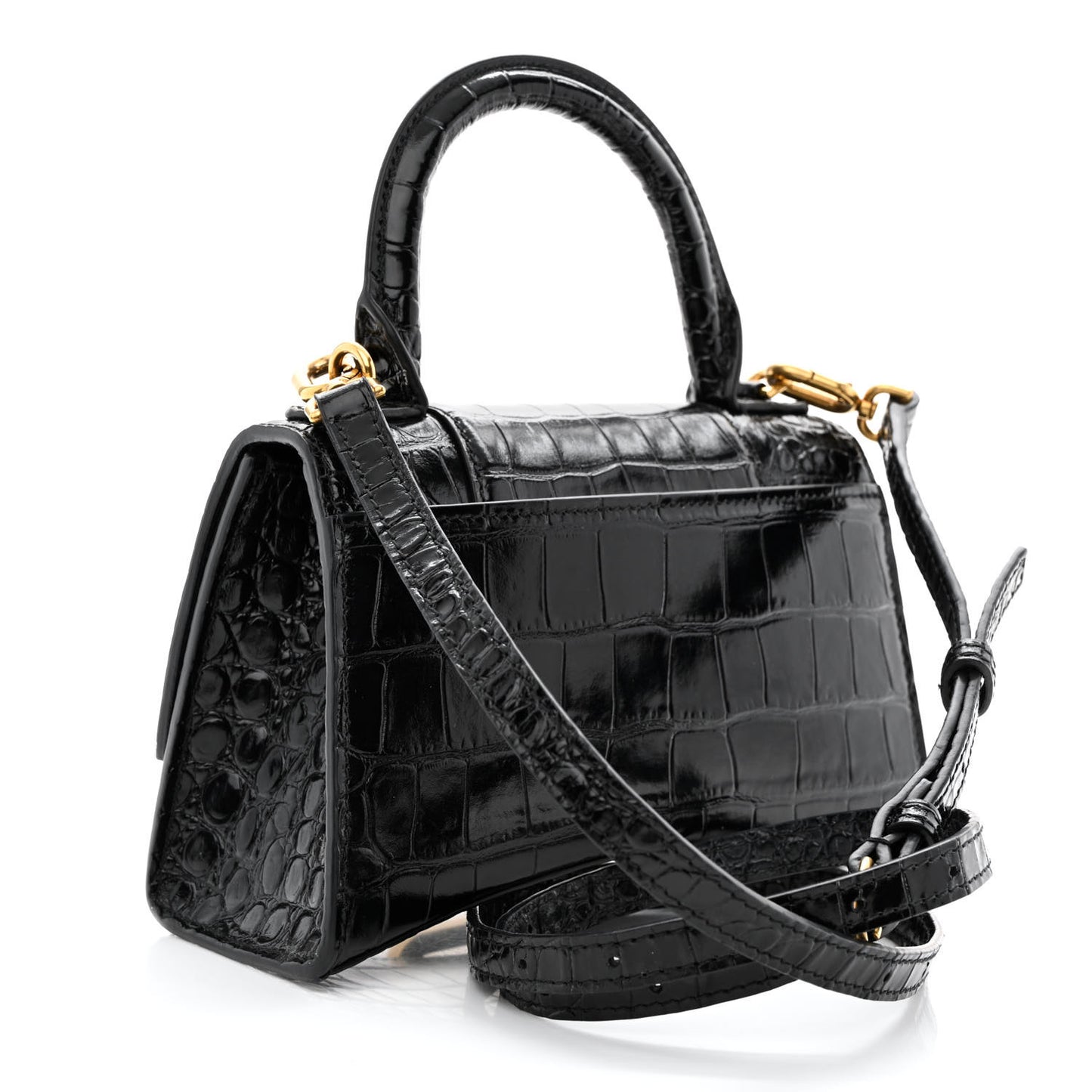 Shiny Calfskin Crocodile Embossed Hourglass Top Handle Bag XS Black