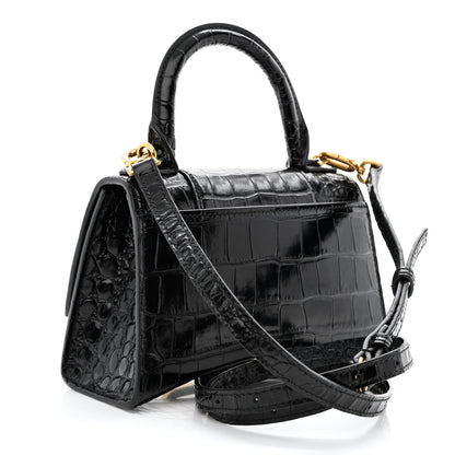 Balenciaga Shiny Calfskin Crocodile Embossed Hourglass Top Handle Bag XS Black 3 of 9