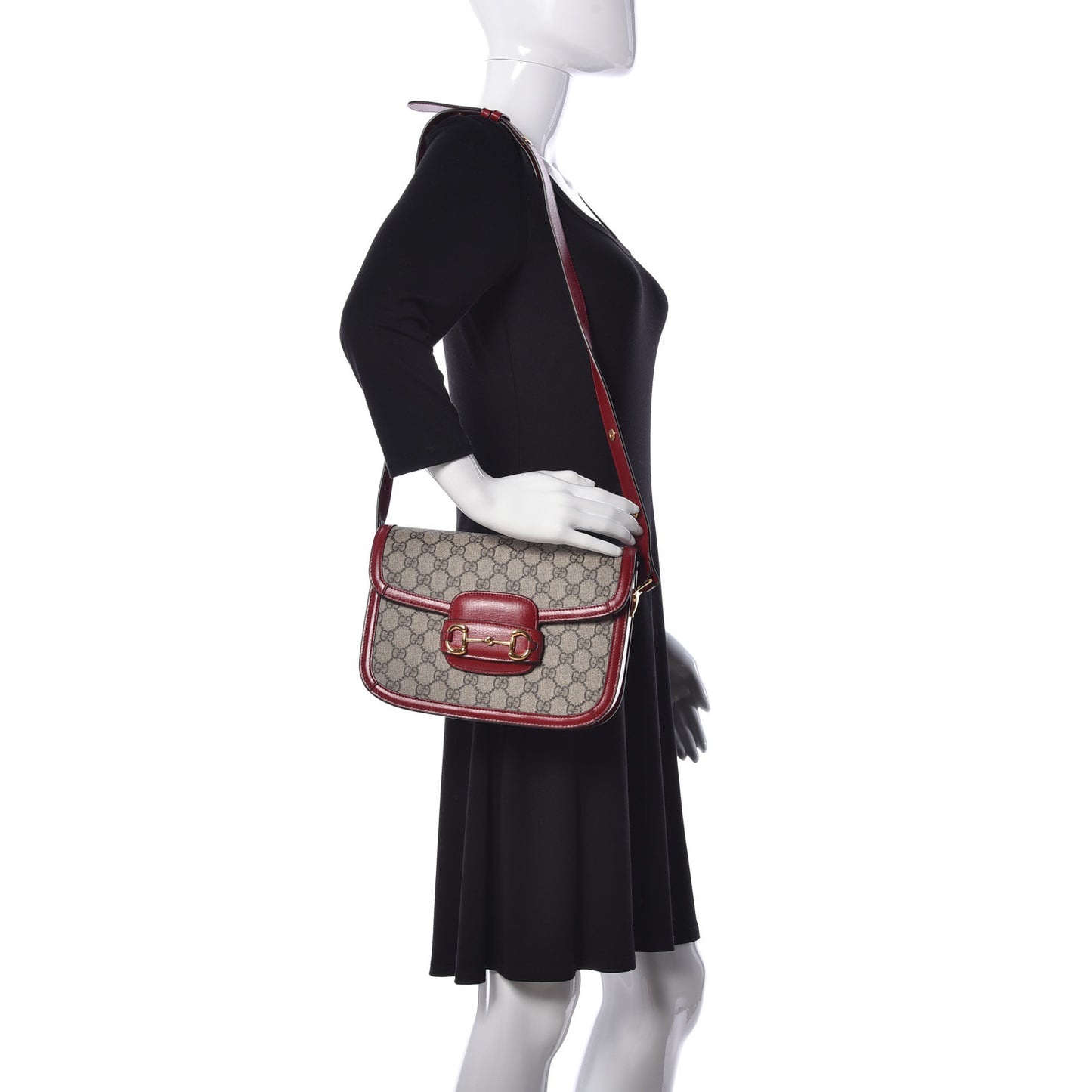 GG Supreme Monogram Azalea Calfskin Horsebit 1955 Shoulder Bag Beige Ebony New Cherry Red