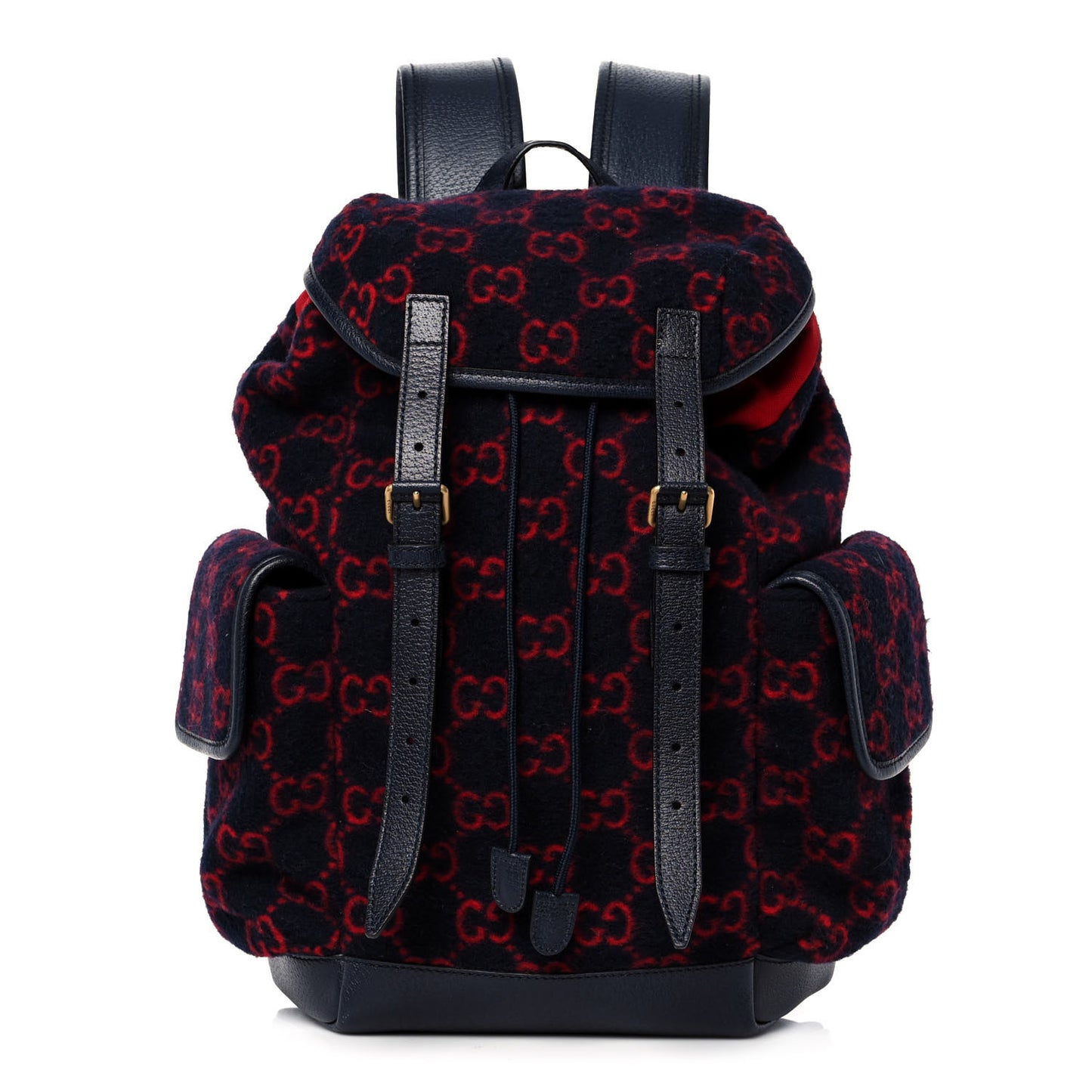 Covered Wool GG Monogram Small Double Buckle Backpack Navy Red