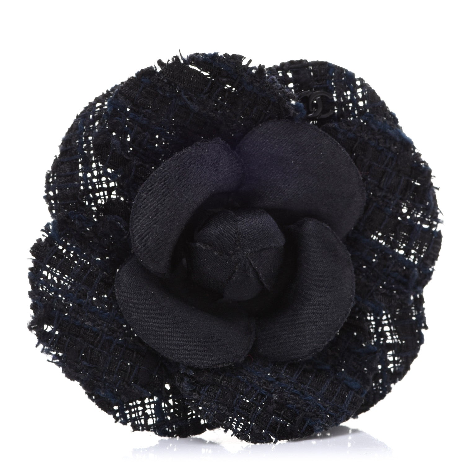 Chanel Tweed Camellia Pin Brooch Navy Blue 1 of 5