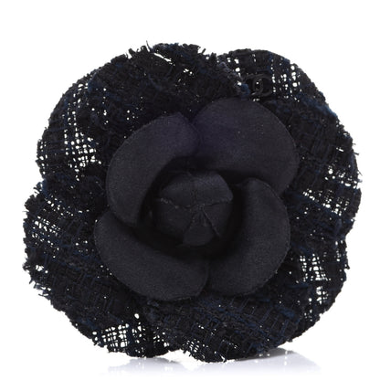 Chanel Tweed Camellia Pin Brooch Navy Blue 1 of 5