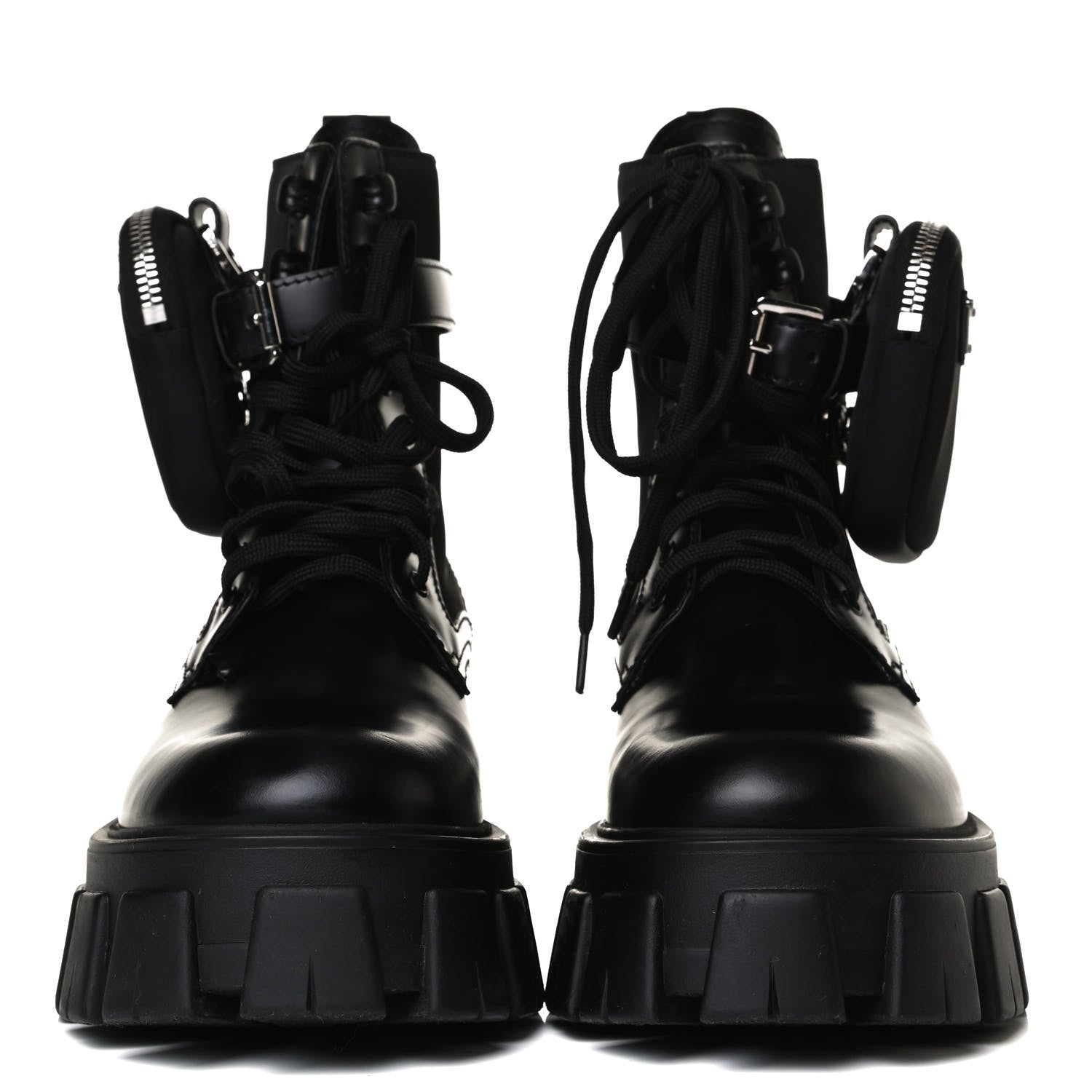 Prada Spazzolato Rois Nylon Metal Triangle Logo Monolith Pouch Pocket 55mm Boots 37.5 Black 2 of 15