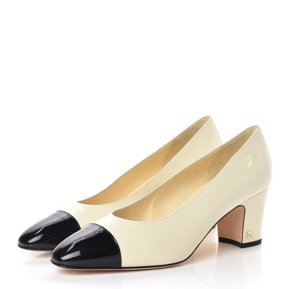 Chanel Patent Calfskin CC Cap Toe Low Heel Pumps 41 White Black 3 of 16