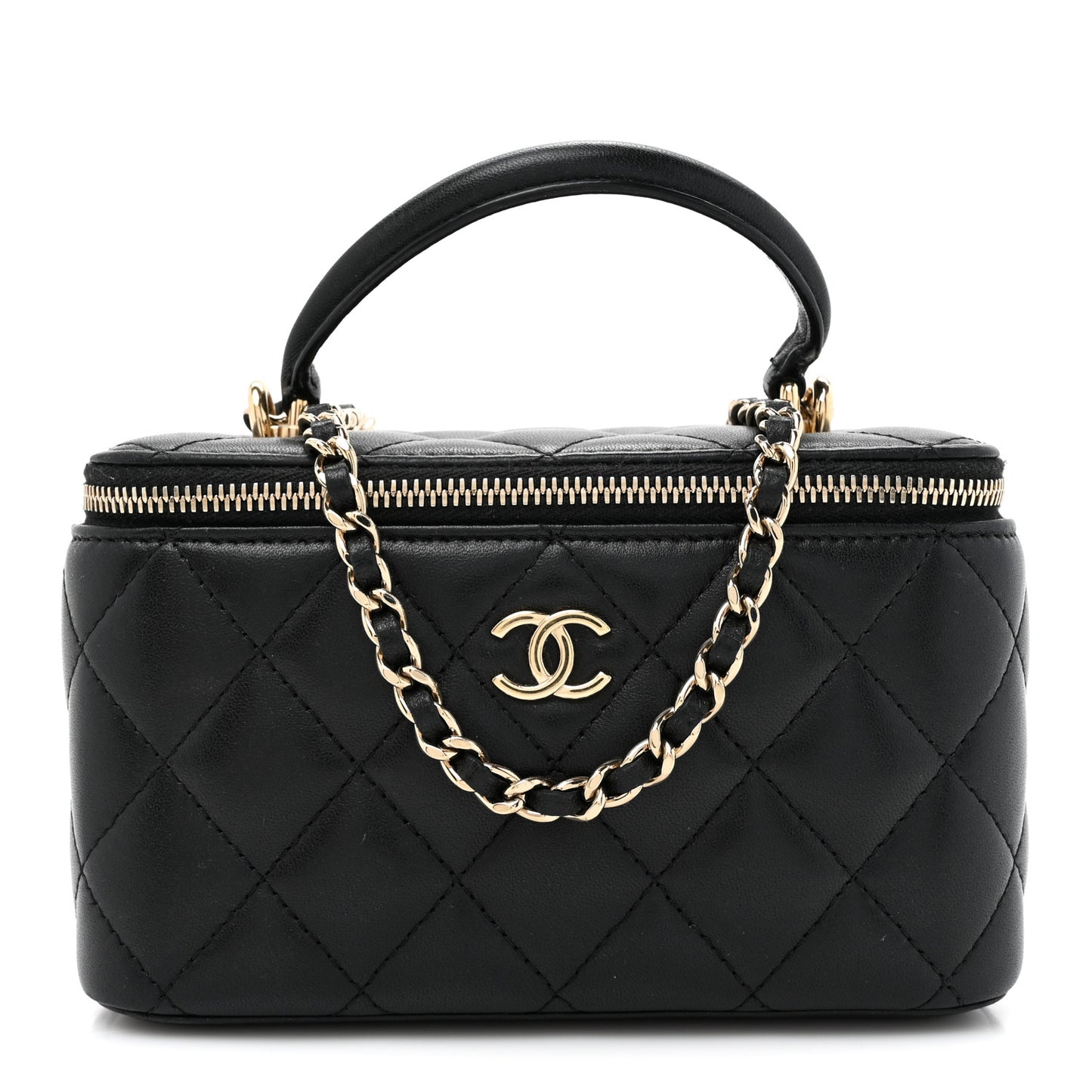 Lambskin Quilted Small Top Handle Vanity Case With Chain Black