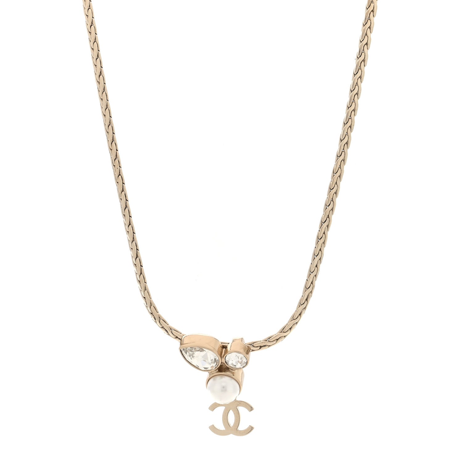 Chanel Pearl Crystal CC Teardrop Braided Necklace Gold 1 of 5