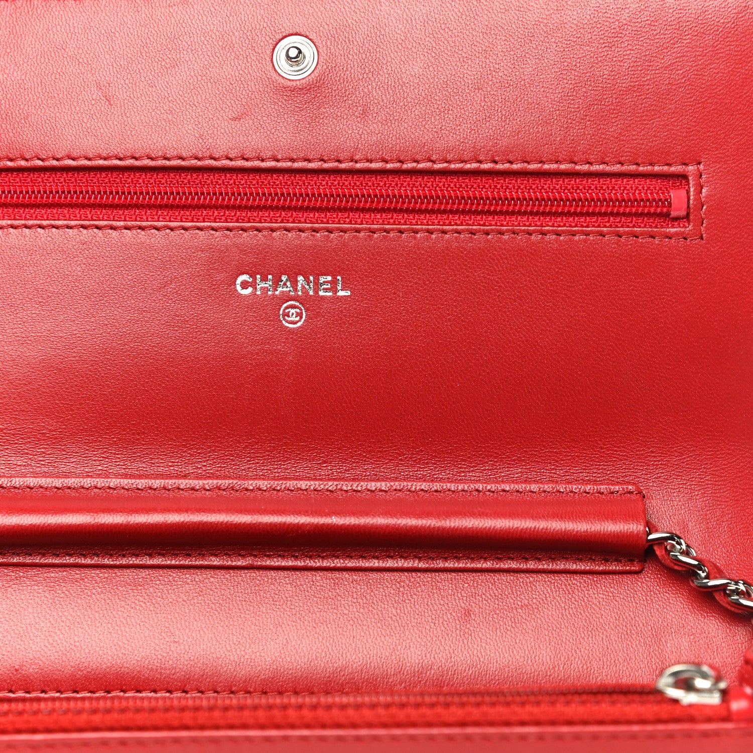 Chanel Lambskin Camellia Embossed Wallet On Chain WOC Red 14 of 19