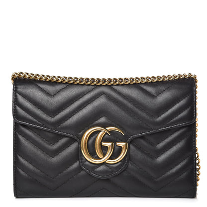 Gucci Calfskin Matelasse Mini GG Marmont Chain Wallet Black 1 of 17