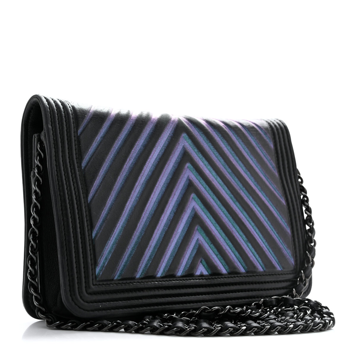 Chanel Calfskin Painted Chevron Embossed Boy Wallet On Chain WOC Black 3 of 16