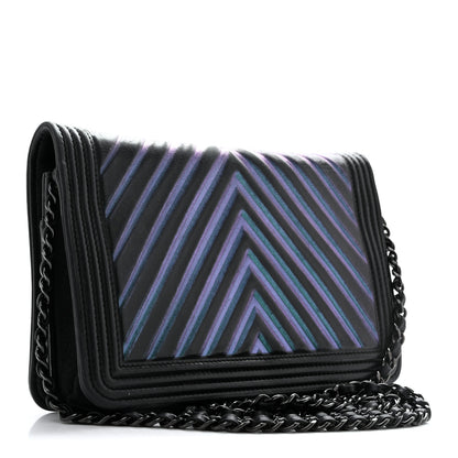 Chanel Calfskin Painted Chevron Embossed Boy Wallet On Chain WOC Black 3 of 16