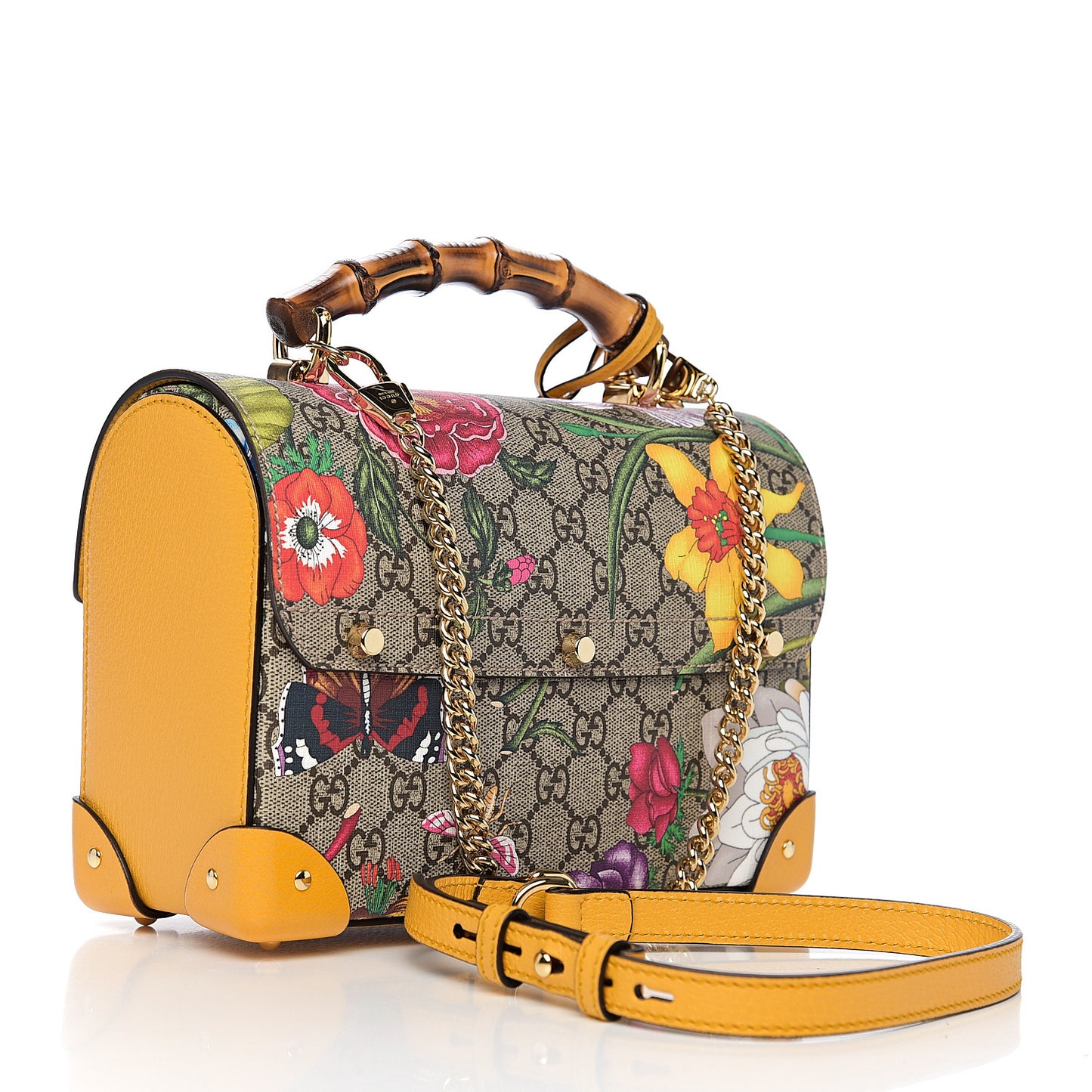 GG Supreme Monogram Flora Small Padlock Bamboo Shoulder Bag Beige Multicolor Crop