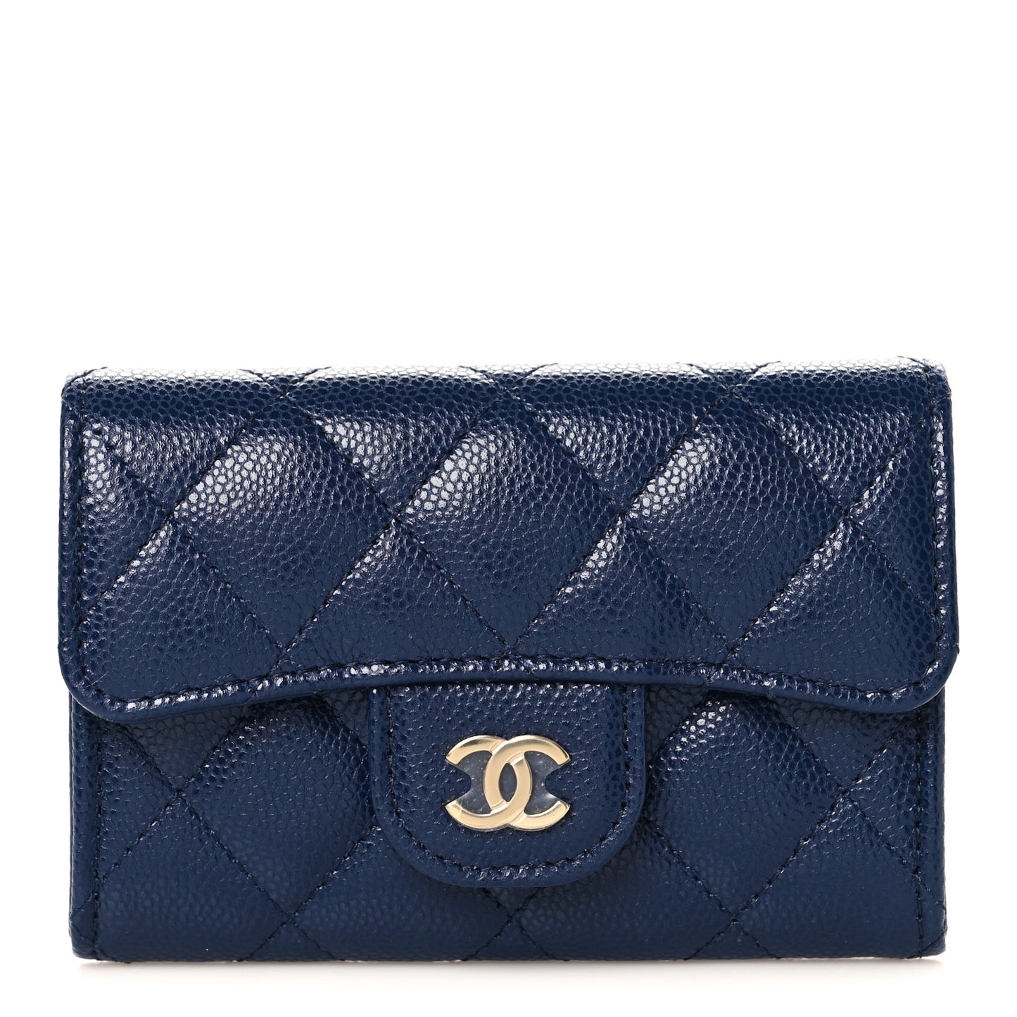 Caviar Quilted Flap Card Holder Wallet Navy Blue