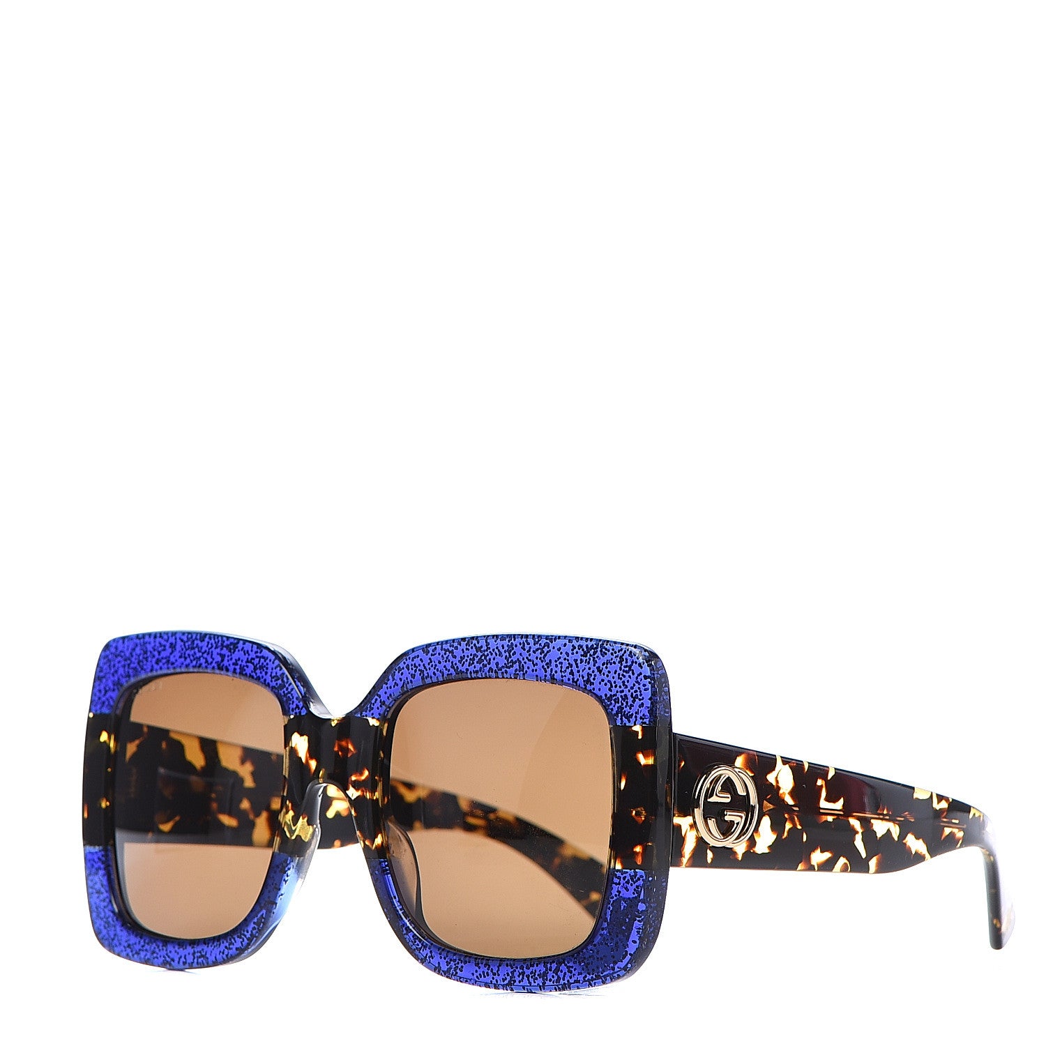 Gucci Square Frame GG0083S Sunglasses Glitter Blue Havana Brown 1 of 8