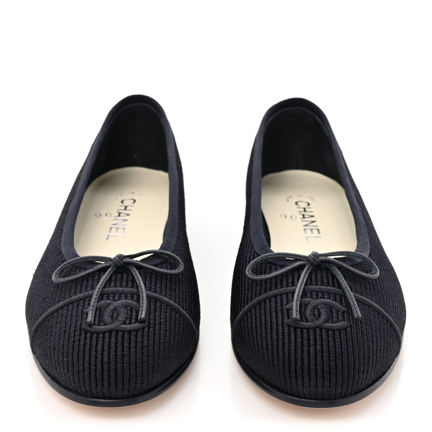 Chanel Embroidered Fabric Cap Toe CC Ballerina Flats 38 Dark Navy Blue 2 of 9
