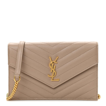 Saint Laurent Grain De Poudre Matelasse Chevron Monogram Envelope Chain Wallet Dark Beige 1 of 10