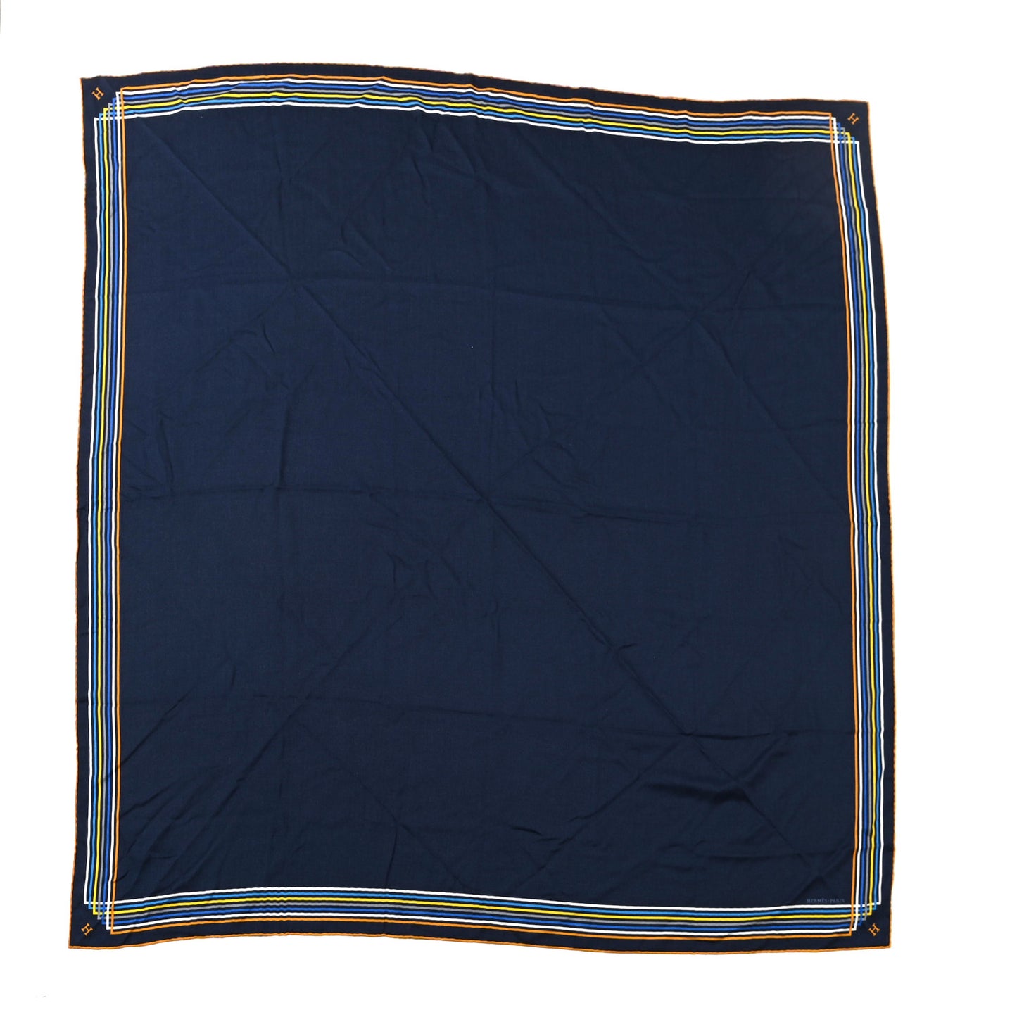 Cashmere Silk Encadre Liste Au Fil Shawl 140 Bleu Marine Gold White