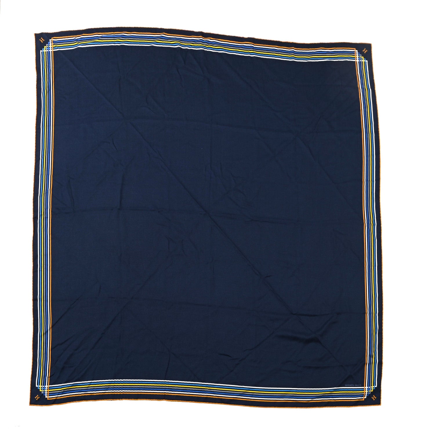 Hermes Cashmere Silk Encadre Liste Au Fil Shawl 140 Bleu Marine Gold White 1 of 3