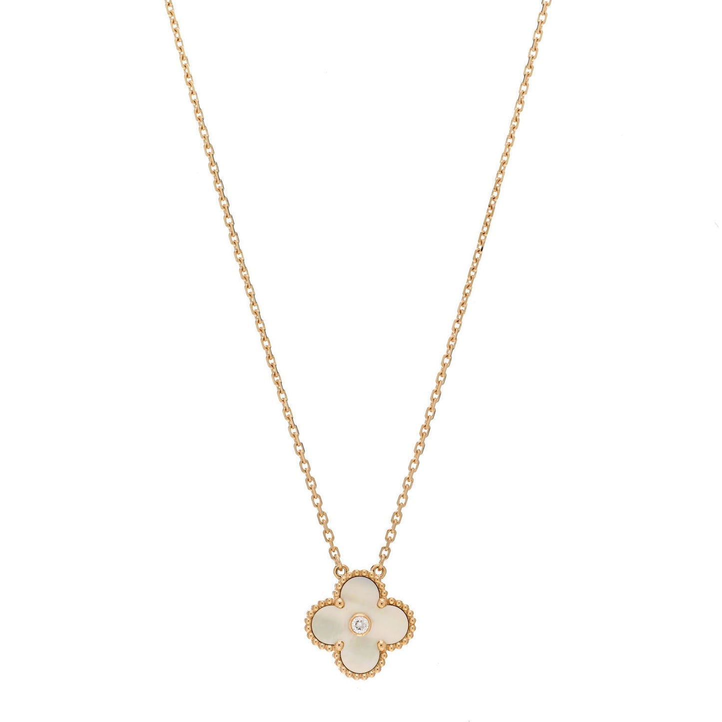 18K Yellow Gold Diamond Yellow Mother of Pearl Vintage Alhambra Pendant Necklace