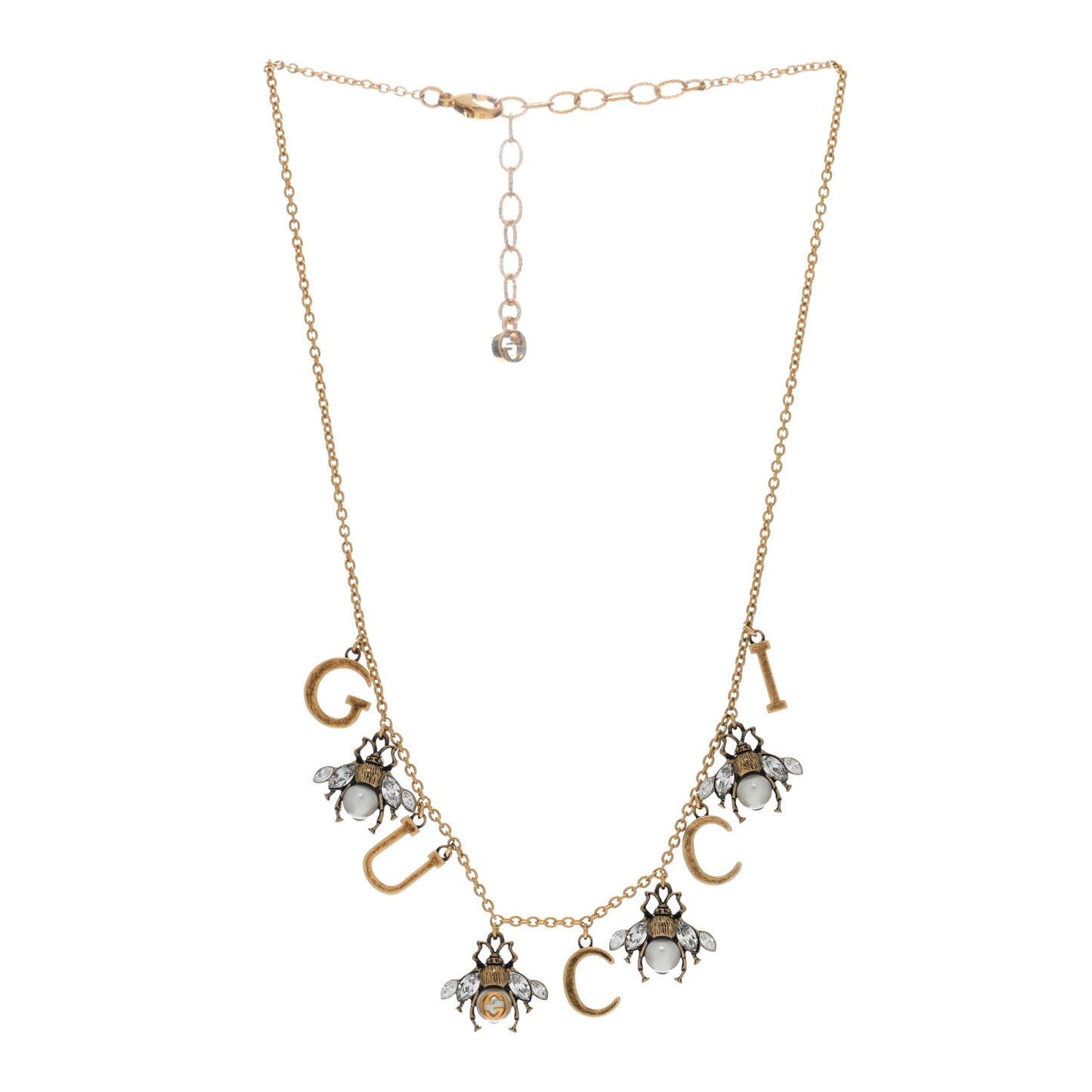 Metal Crystal Pearl Interlocking G Bee Charm Necklace Gold