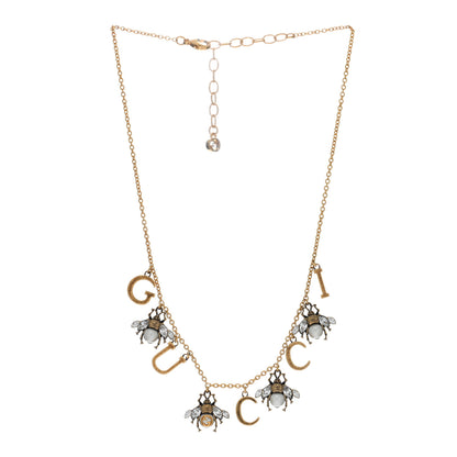 Gucci Metal Crystal Pearl Interlocking G Bee Charm Necklace Gold 2 of 4
