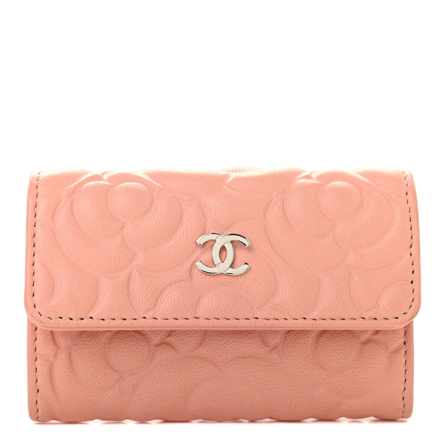 Goatskin Camellia Embossed Card Holder Wallet Pink