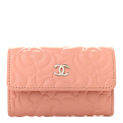 Chanel Goatskin Camellia Embossed Card Holder Wallet Pink 1 of 8