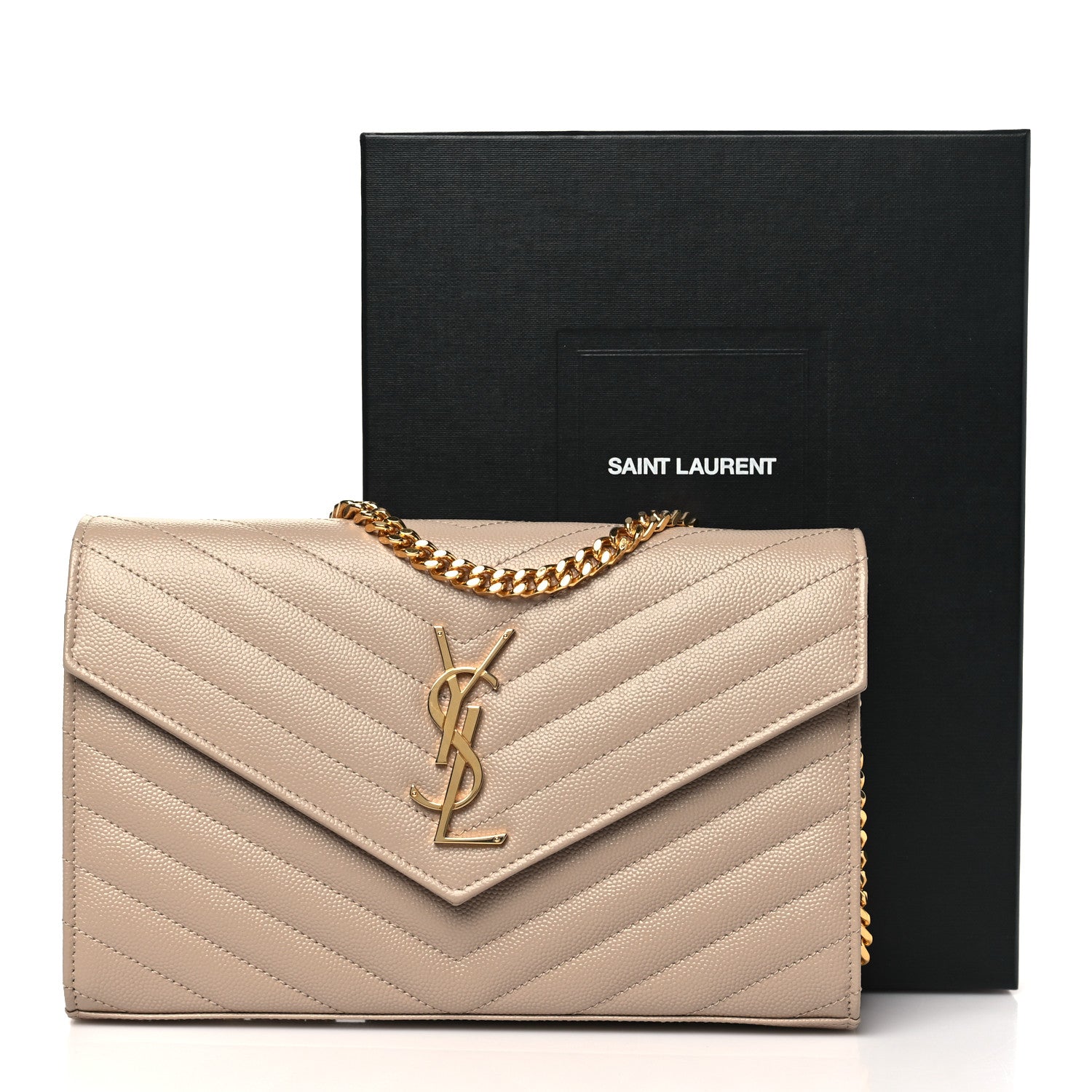 Saint Laurent Grain De Poudre Matelasse Chevron Monogram Chain Wallet Dark Beige 10 of 10