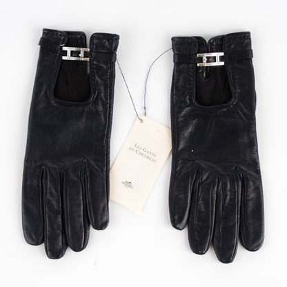 Hermes Lambskin Baguette Crystal Silk Lined Gloves 6.5 Indigo 5 of 7