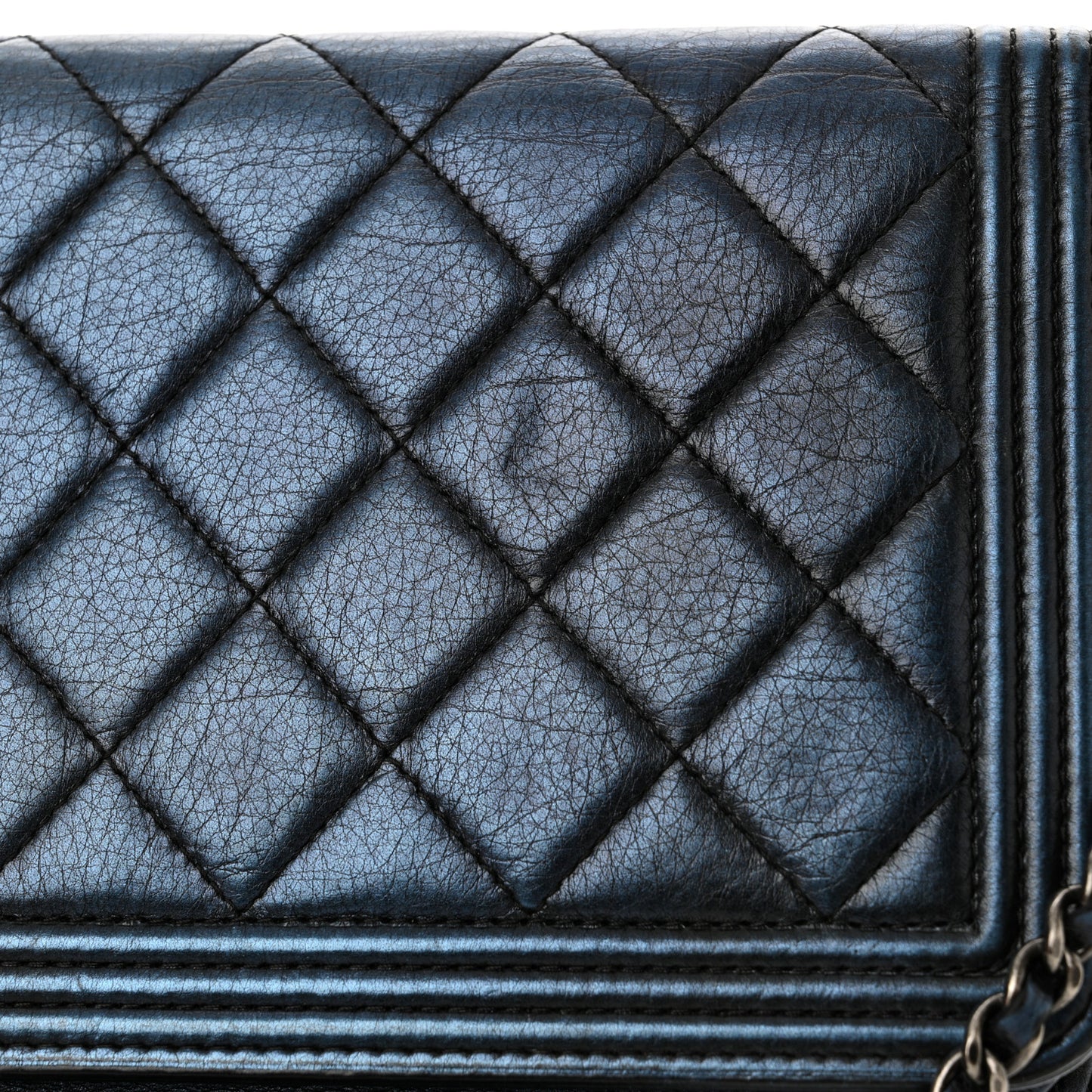 Metallic Calfskin Quilted Boy Wallet On Chain WOC Navy Blue
