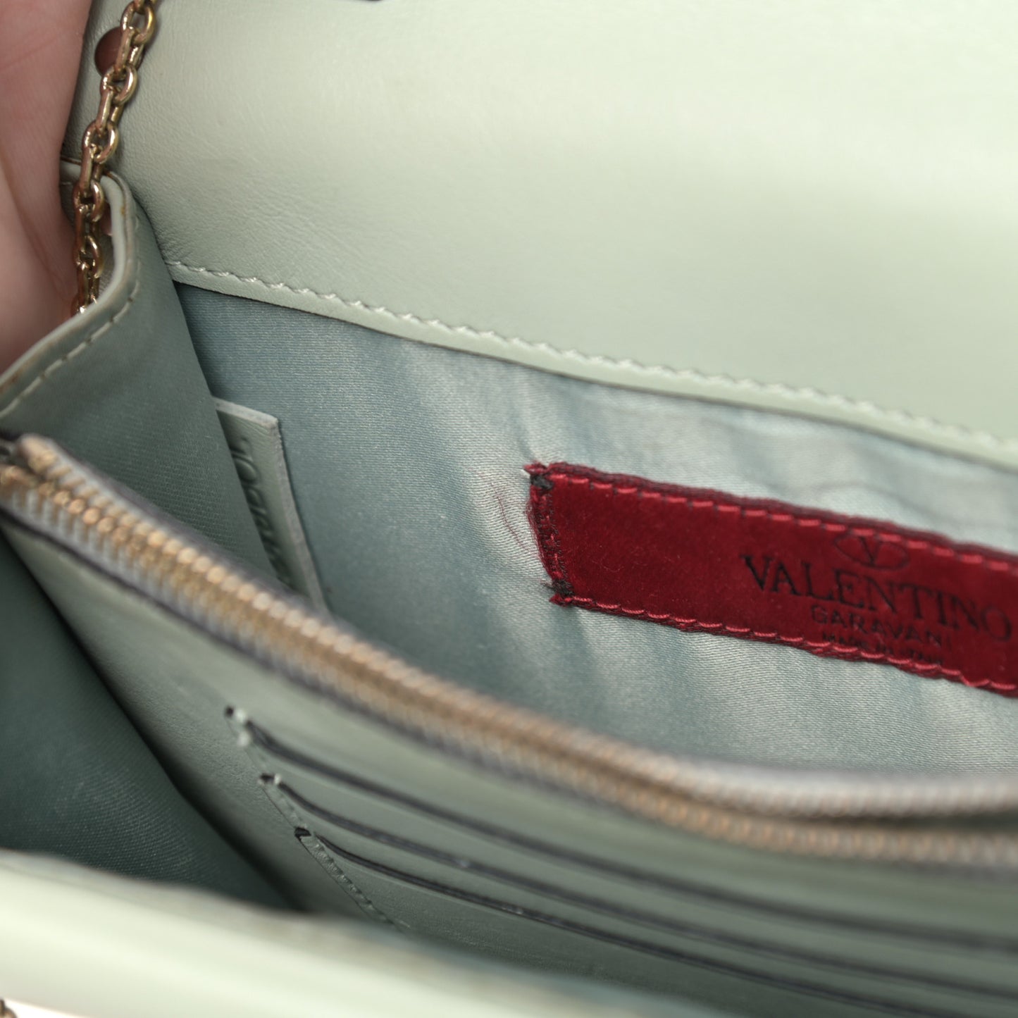 Calfskin Rockstud Wallet on Chain Water Green