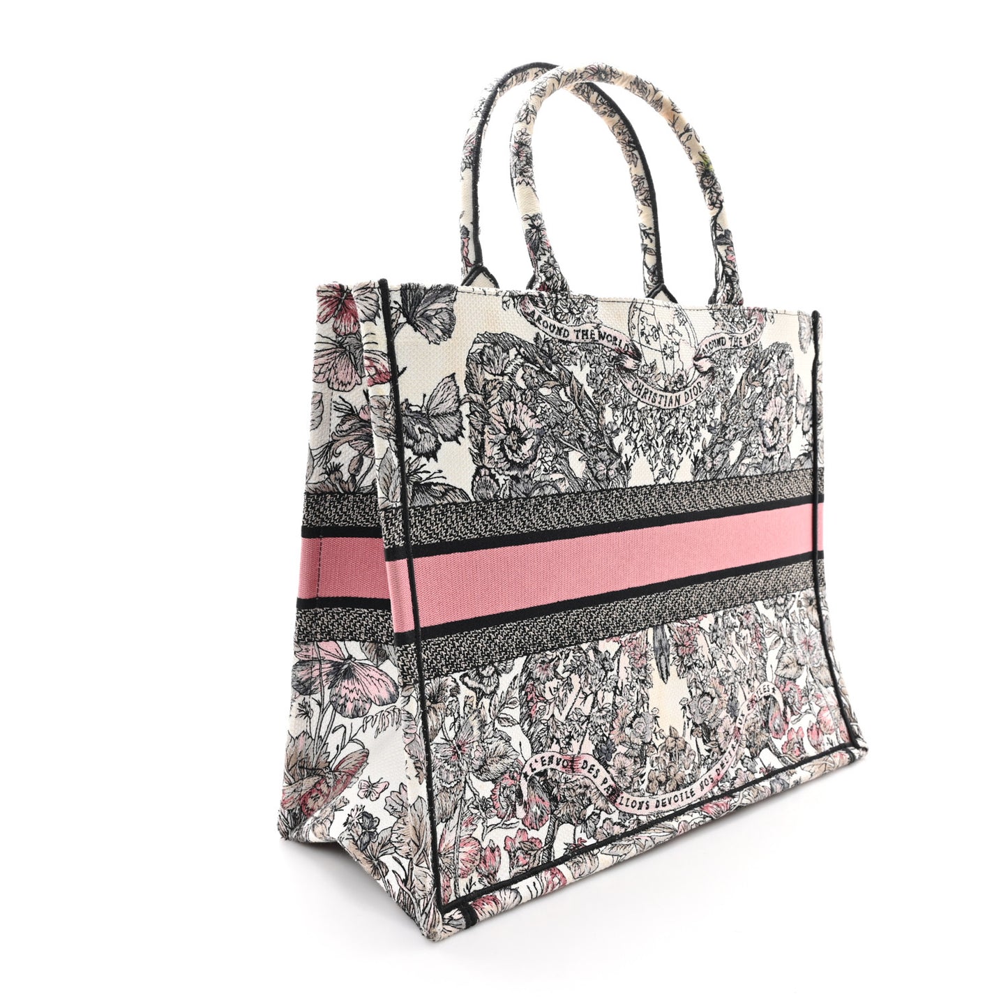 Canvas Embroidered Large Butterfly Around The World Book Tote White Pastel Pink