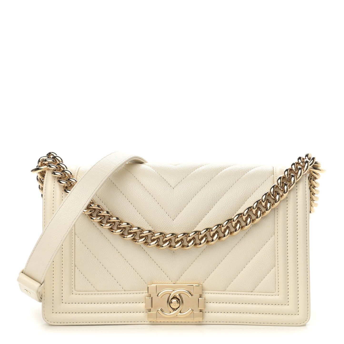 Caviar Chevron Quilted Medium Boy Flap Beige