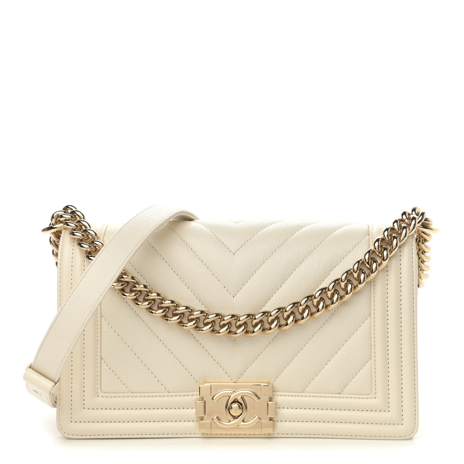 Chanel Caviar Chevron Quilted Medium Boy Flap Beige 1 of 12