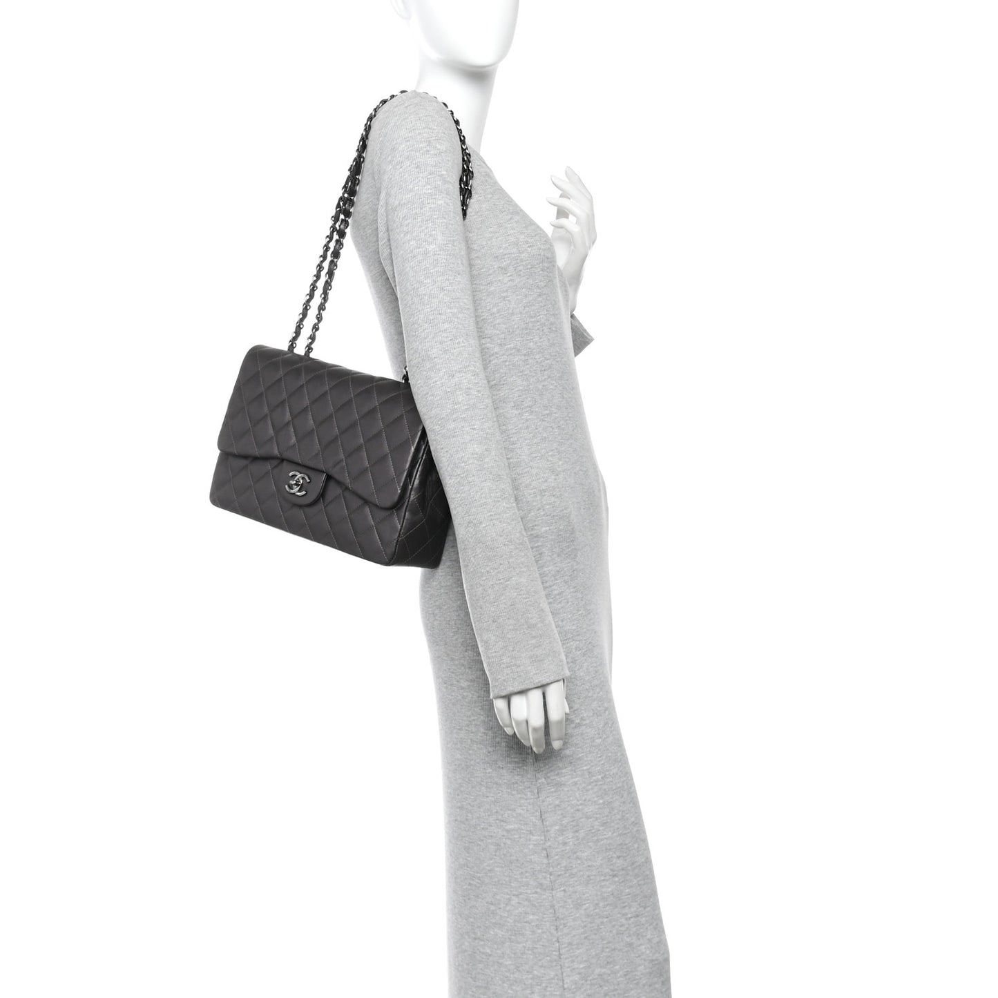 Lambskin Quilted Jumbo Single Flap  Dark Grey