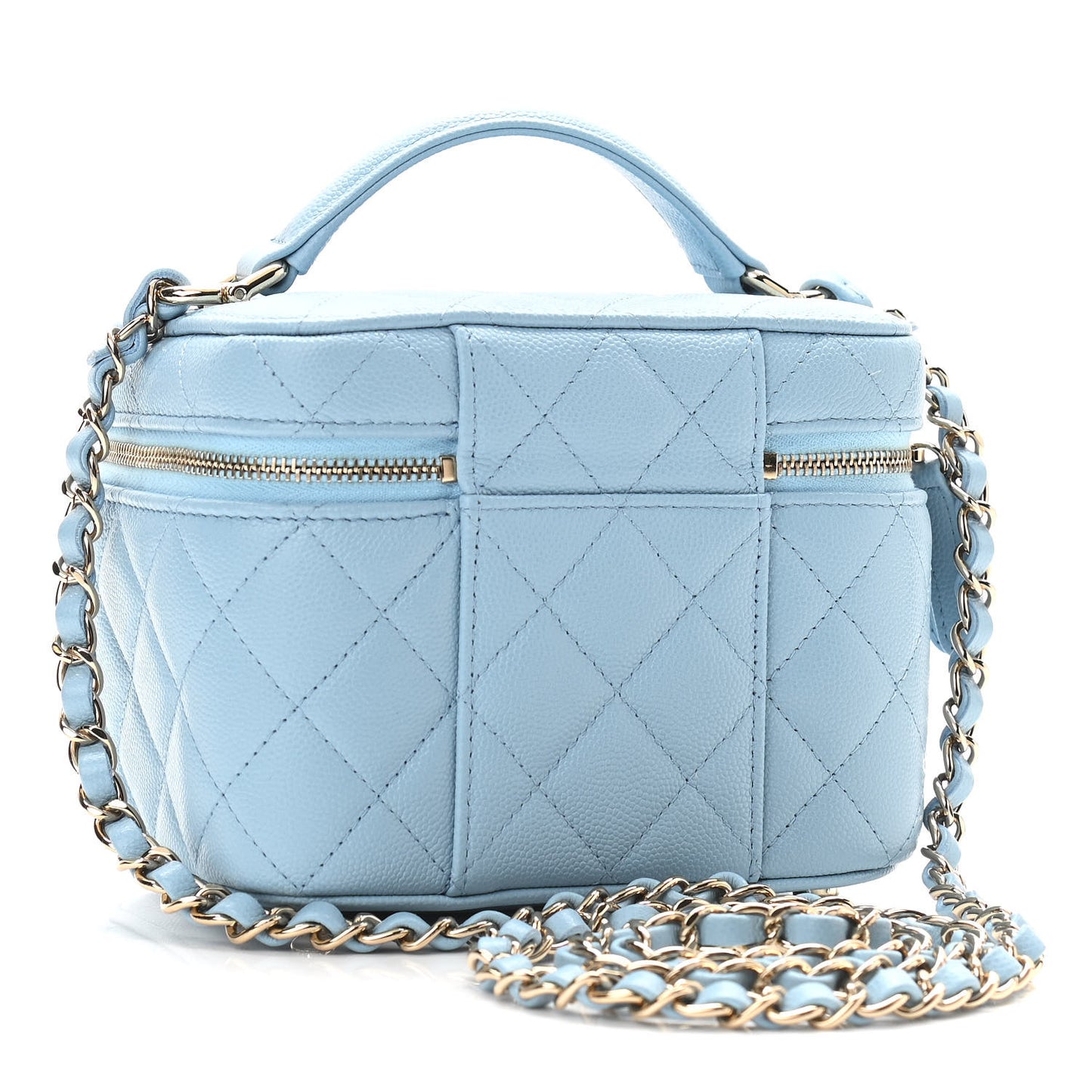 Caviar Quilted Top Handle Vanity Case With Chain Blue