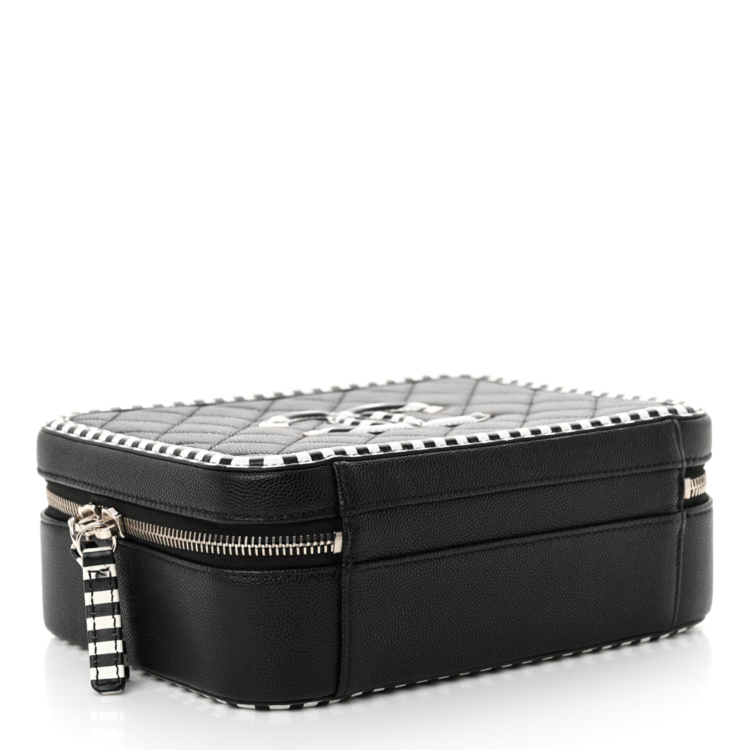 Chanel Caviar Quilted Striped Medium CC Filigree Vanity Case Black White 4 of 11