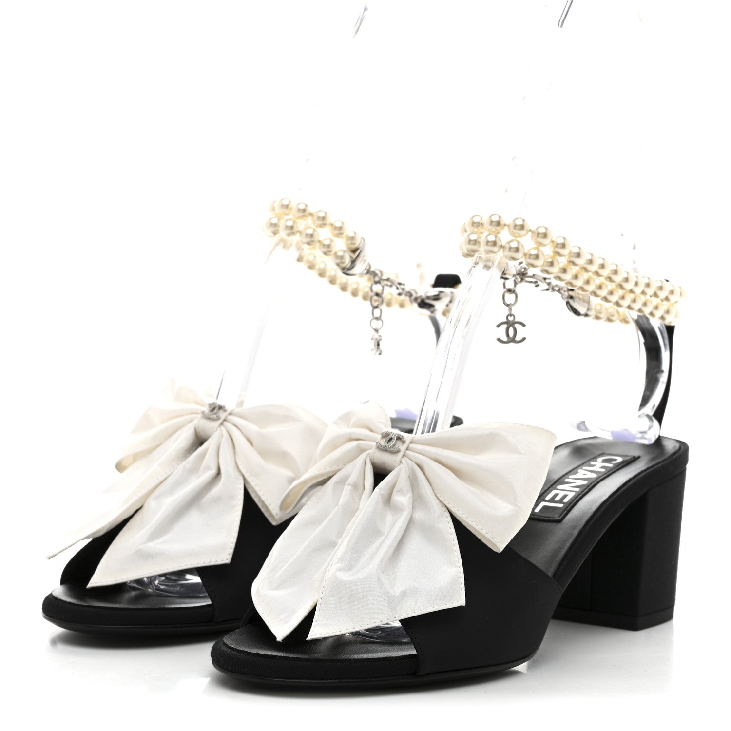 Chanel Silk Pearl Ankle Strap Sandals 37 Black White 4 of 10