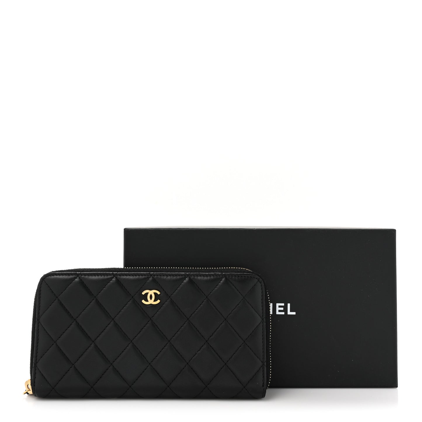 Lambskin Quilted Large Gusset Zip Around Wallet Black