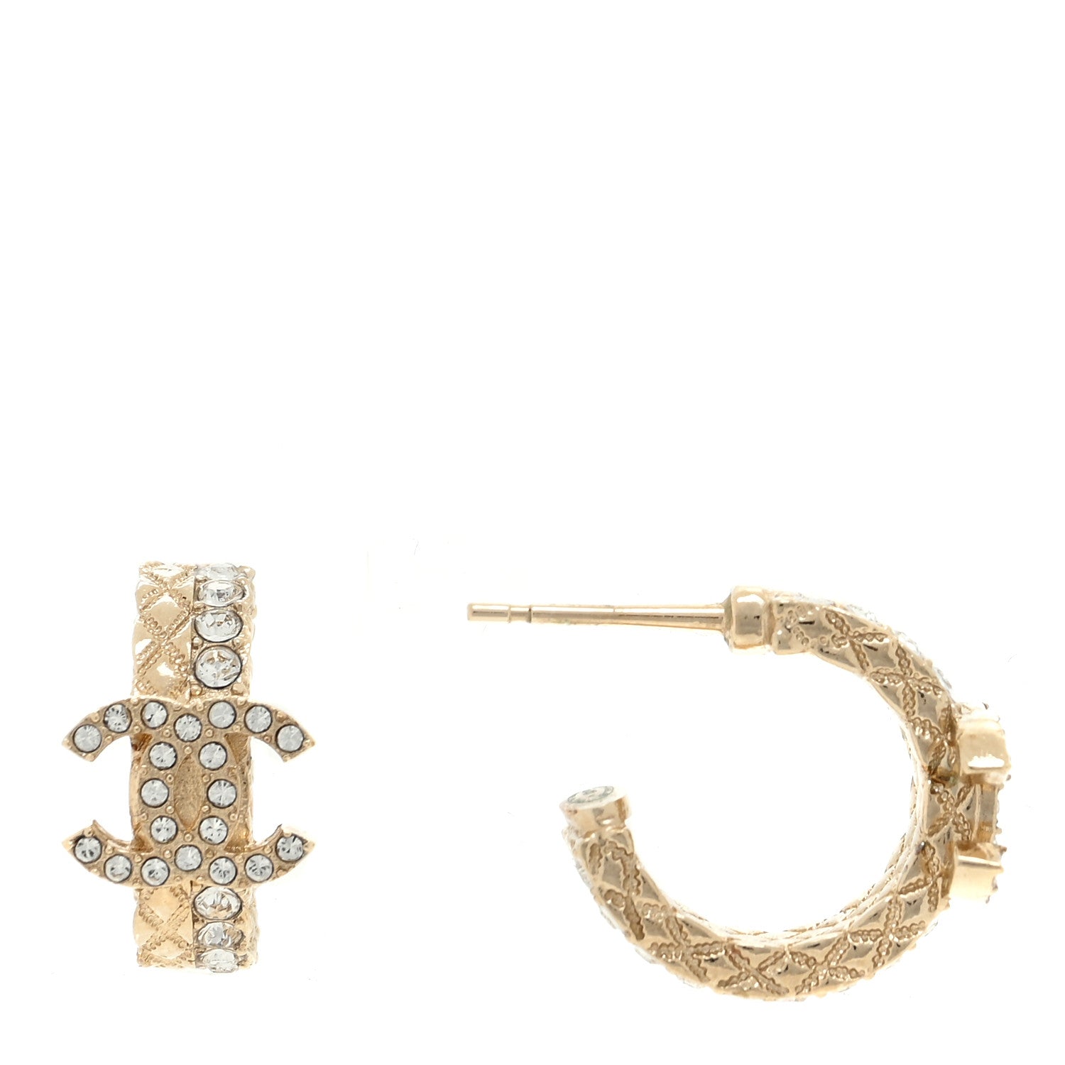 Chanel Metal Crystal Quilted CC Hoop Earrings Gold 1 of 5