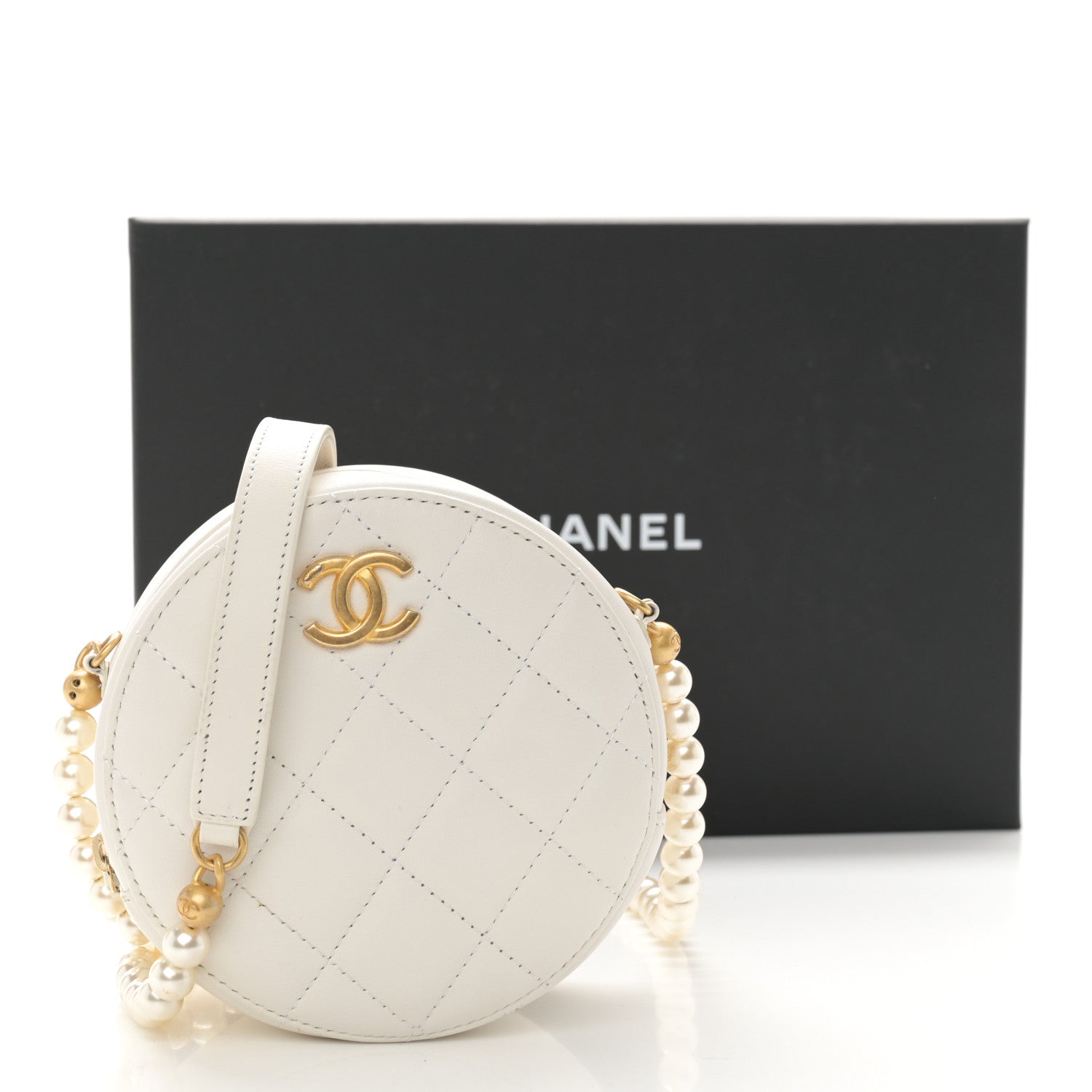 Chanel Calfskin Quilted Pearl Round Clutch With Chain White 11 of 11