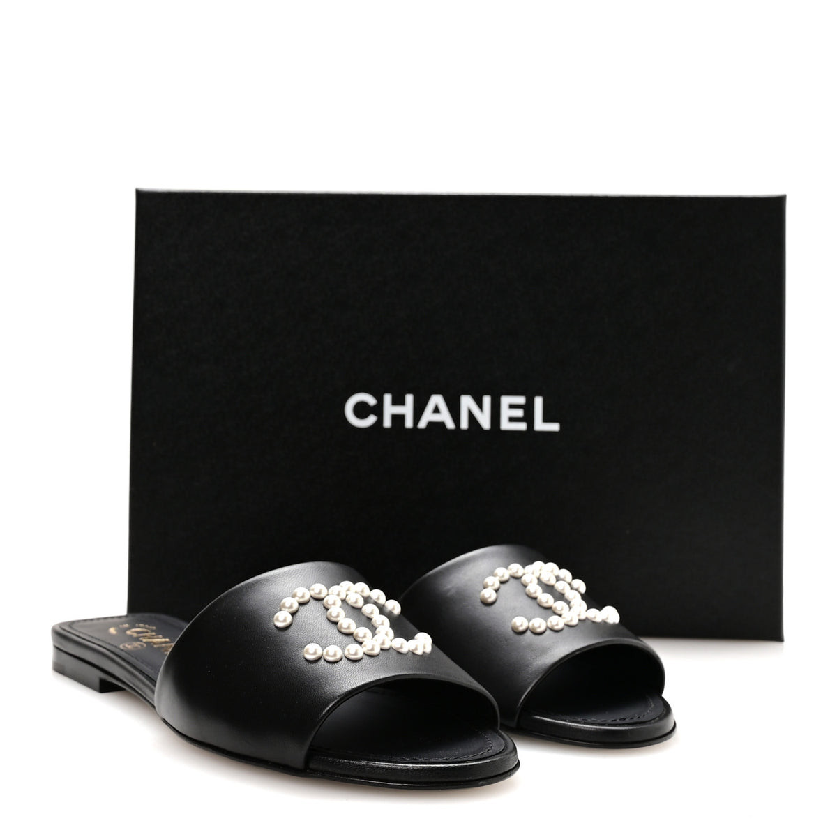 Lambskin Pearl CC Sandals 36.5 Black
