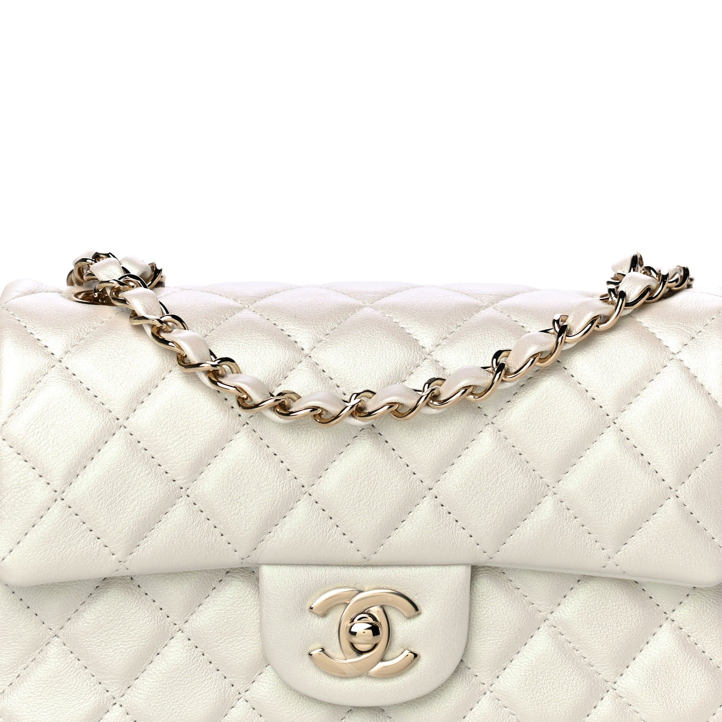 Iridescent Calfskin Quilted Mini Rectangular Flap White