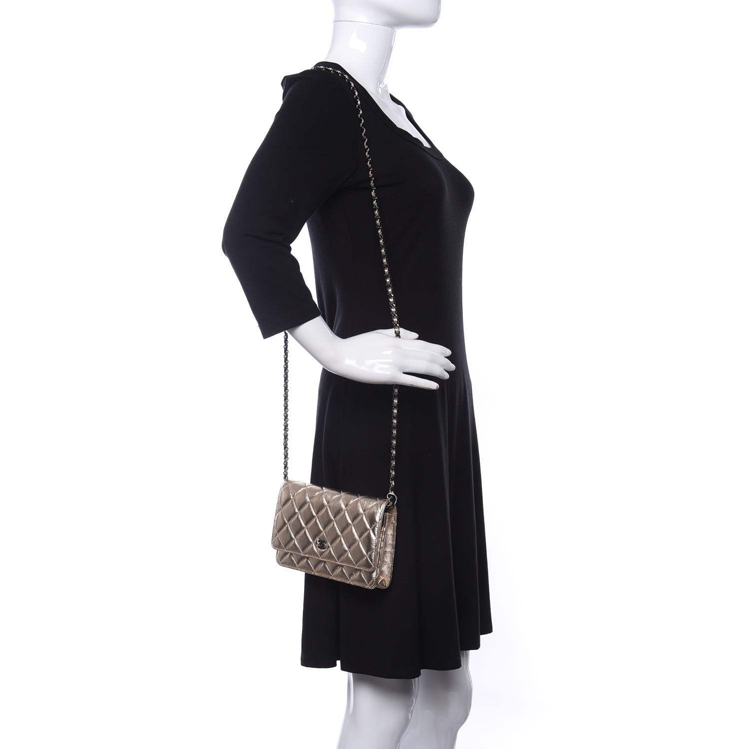 Chanel Metallic Lambskin Quilted Wallet On Chain WOC Gold Black 2 of 13