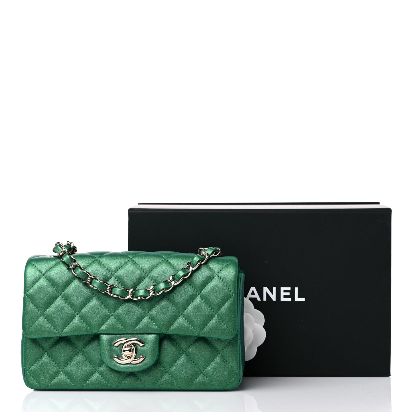 Iridescent Calfskin Quilted Mini Rectangular Flap Green