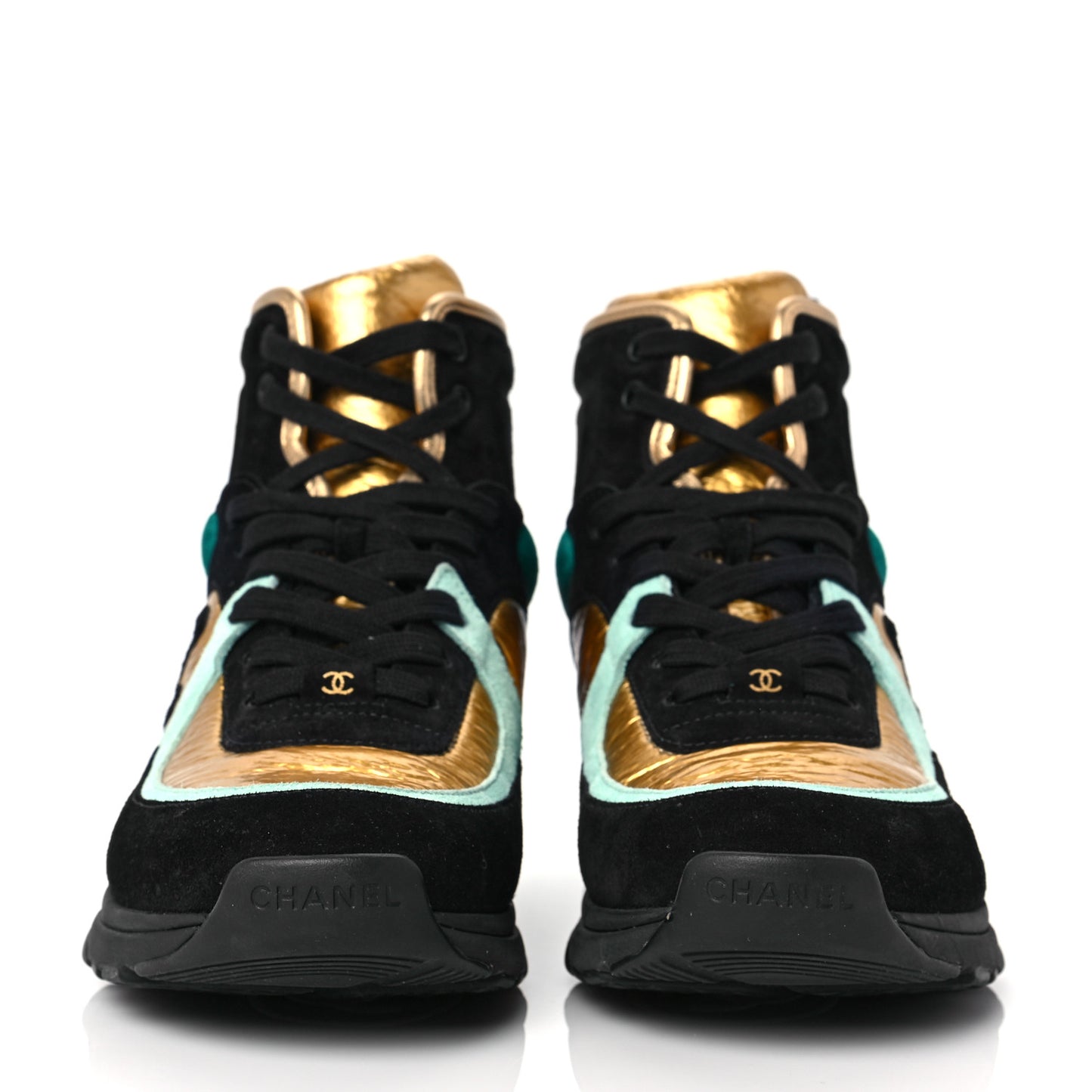 Suede Calfskin Fabric CC High Top Sneakers 39.5 Black Turquoise Gold
